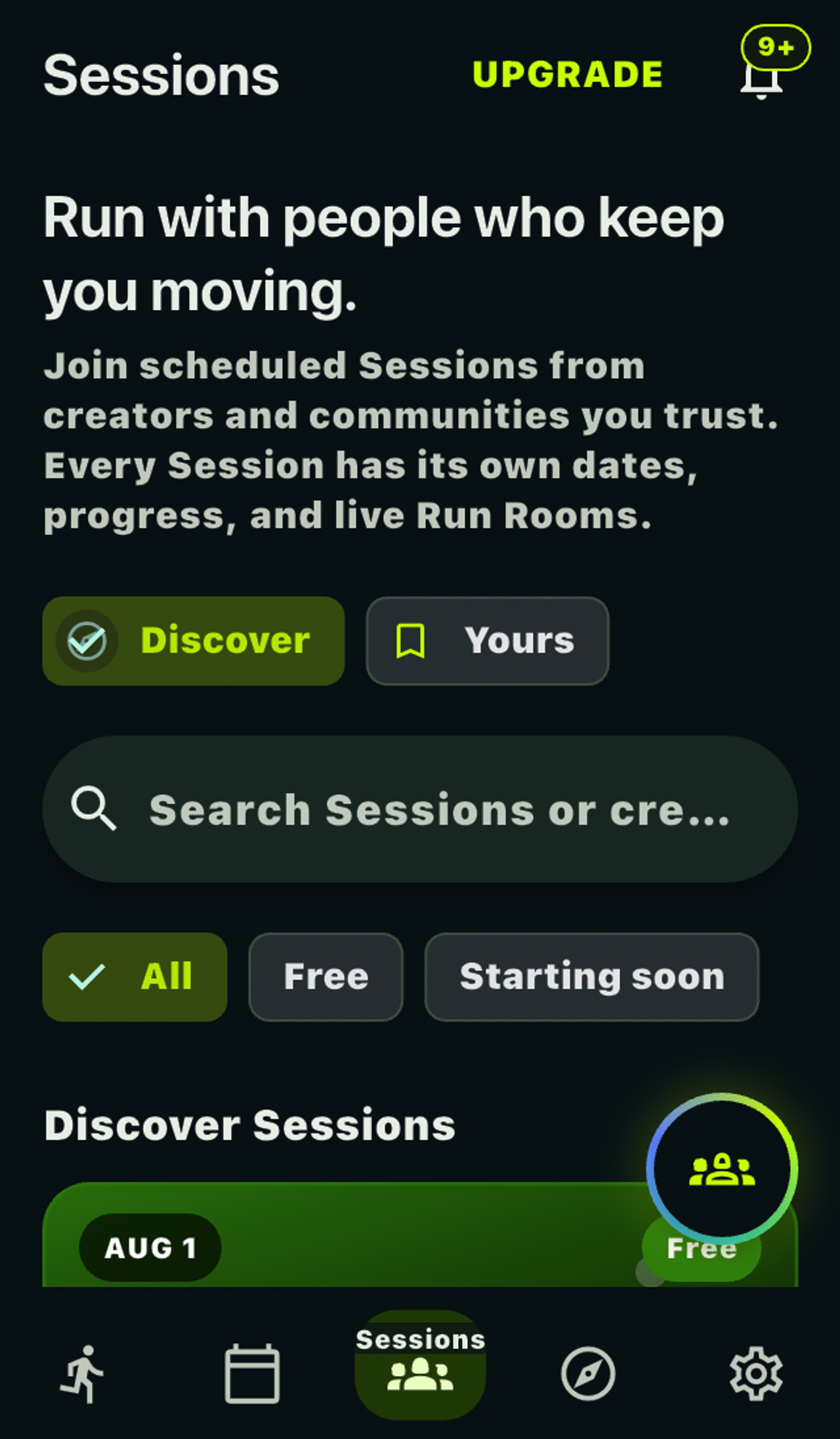 OnlyRun Sessions discovery screen