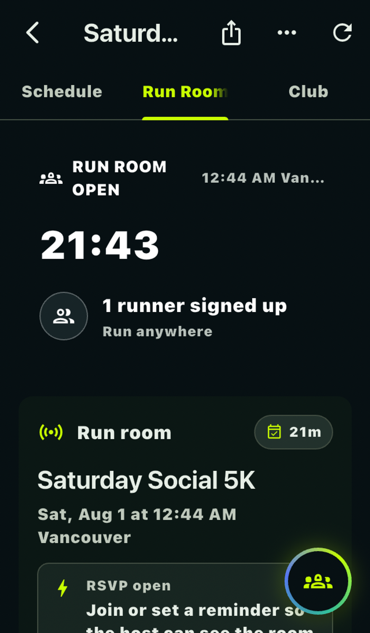 OnlyRun Saturday Social 5K detail and Run Room screen