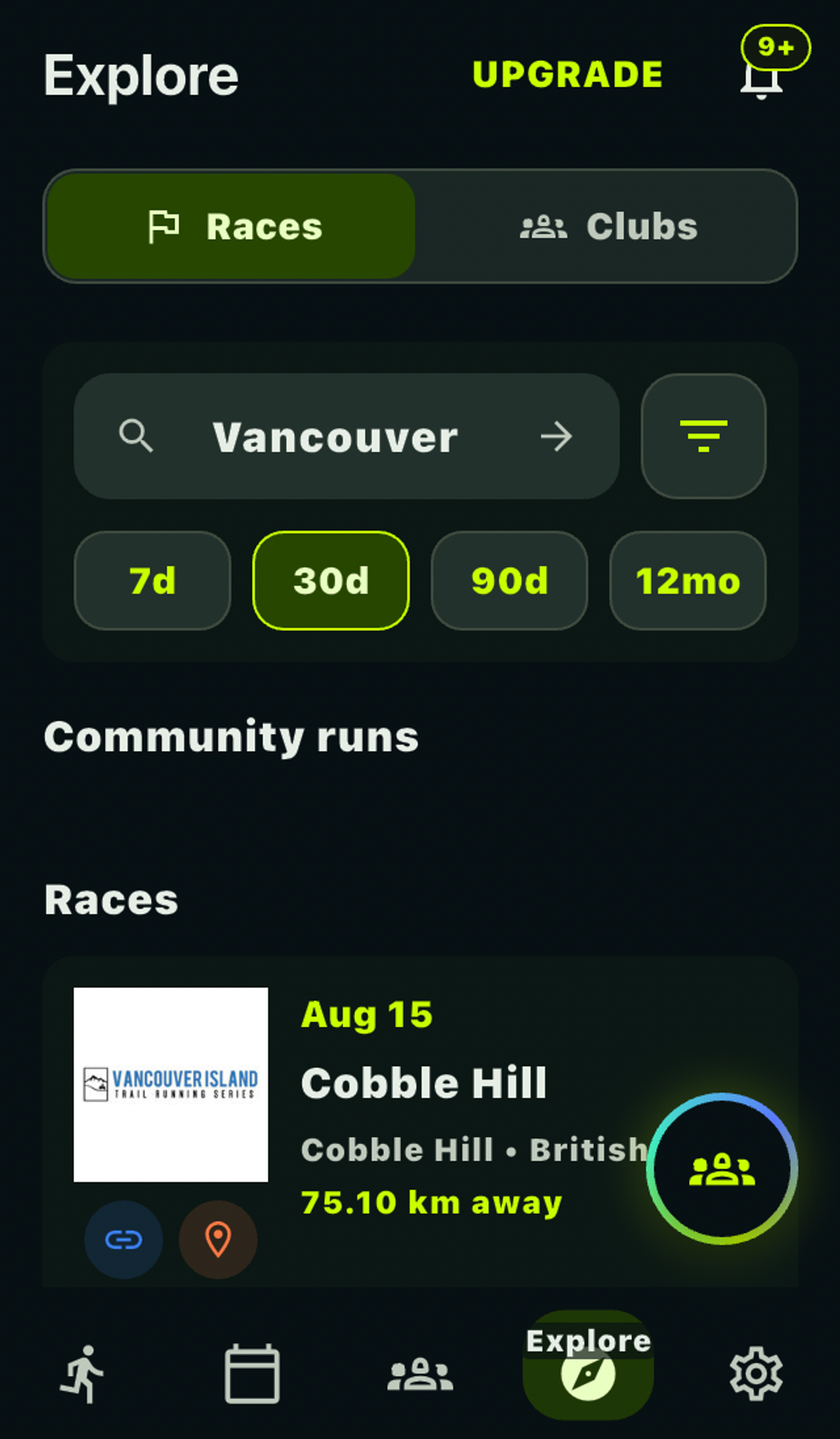 OnlyRun race and club discovery screen