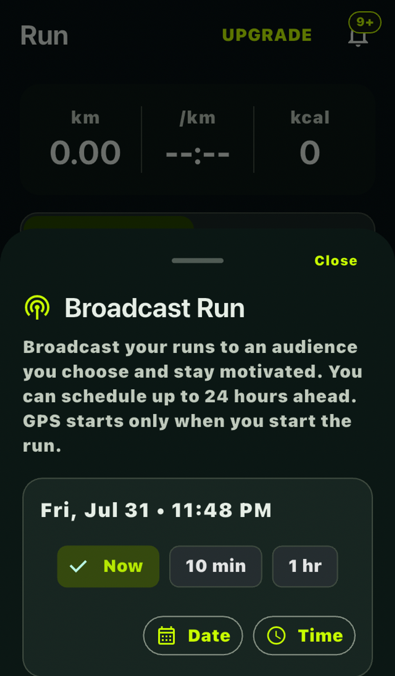 OnlyRun Broadcast Run scheduling screen